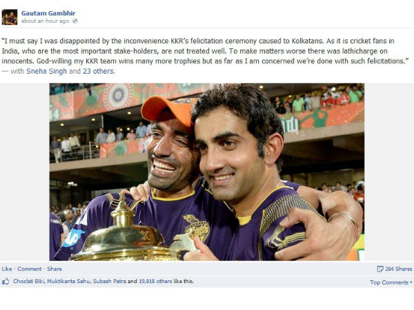 Gambhir disappointed with chaos at Eden Gambhir disappointed with chaos at Eden